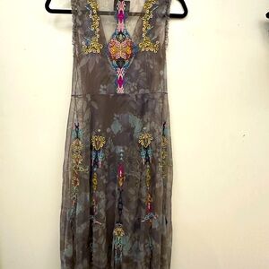 Johnny Was ‘Caddie’ Mesh Net embroidered midi-dress & slip. XXS EUC $120